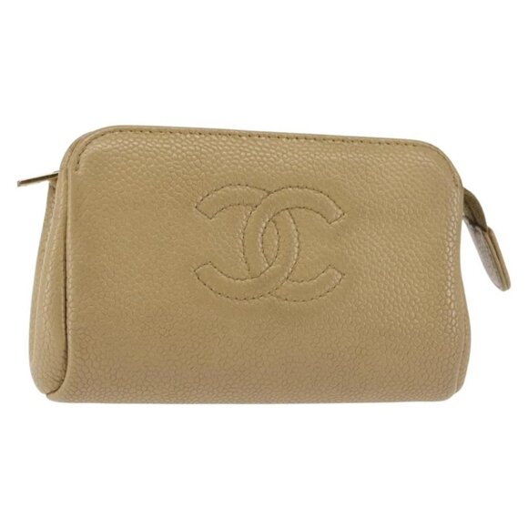 CHANEL Grained Calf Skin Pouch Beige Gold
